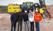 The PowerROC T35 with, from left, Pedro Arsenio, Atlas Copco Product Specialist, Federico Schroeder, General Manager, Minero San Pedro, Gabriel Joaquin, Product Manager, Atlas Copco, Martin Schroeder and Nicolas Vinés, of Michelotti e Hijos, one of the quarry’s many customers.