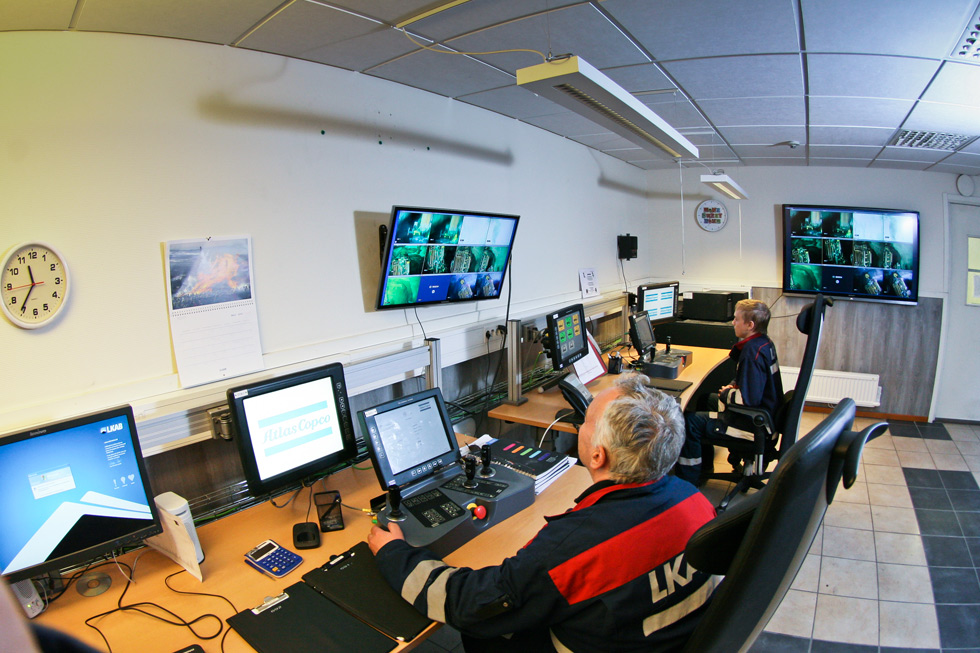 The Malmberget control room where each operator is in charge of two Simba drill rigs.